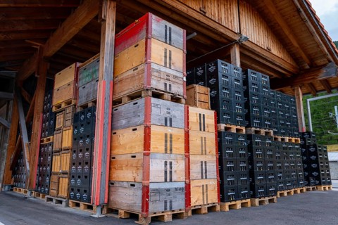 Modern and Old Beer Boxes in Sunny Summer Day in Pontresina, Grisons, Switzerland, Europe