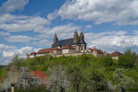 View of the Comburg, Benedictine monastery, Way of St James, Schwäbisch Hall, Hohenlohe, Germany,