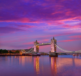 London Tower Bridge sunset on Thames river in England