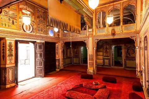 Drawing room, Ramnath Podar Haveli Museum, Nawalgarh, Shekhawati, Rajasthan, India, Asia