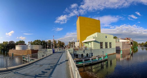 Panoramic photo of the Futurist Groninger Museum on the Werkmanbrug bridge on the Zuiderhaven
