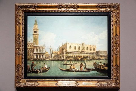 Milan, Italy, 23 September 2023: Brera antique painting museum. View of Venice, by Canaletto, 1745,