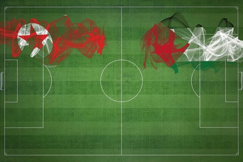 North Korea vs Palestine Soccer Match, national colors, national flags, soccer field, football