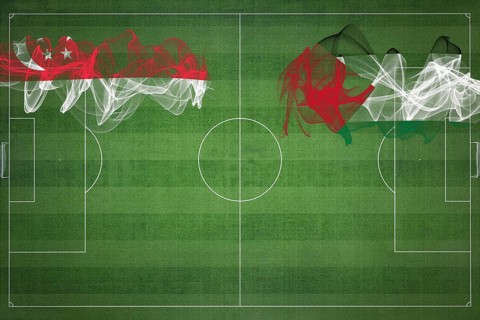 Singapore vs Palestine Soccer Match, national colors, national flags, soccer field, football game,