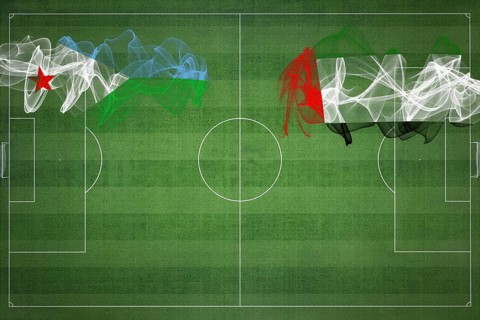 Djibouti vs United Arab Emirates Soccer Match, national colors, national flags, soccer field,