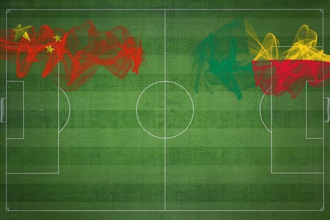 China vs Benin Soccer Match, national colors, national flags, soccer field, football game,