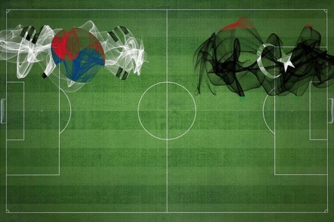 South Korea vs Libya Soccer Match, national colors, national flags, soccer field, football game,