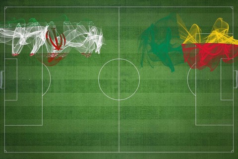Iran vs Benin Soccer Match, national colors, national flags, soccer field, football game,