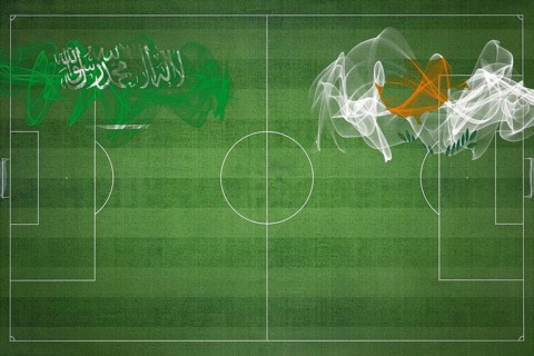 Saudi Arabia vs Cyprus Soccer Match, national colors, national flags, soccer field, football game,