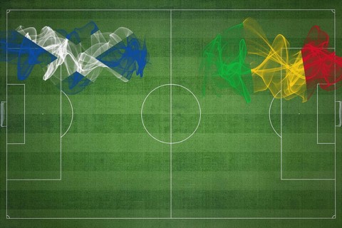 Scotland vs Mali Soccer Match, national colors, national flags, soccer field, football game,