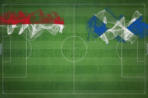 Indonesia vs Scotland Soccer Match, national colors, national flags, soccer field, football game,