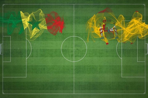 Senegal vs Spain Soccer Match, national colors, national flags, soccer field, football game,