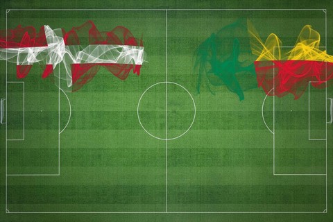 Denmark vs Benin Soccer Match, national colors, national flags, soccer field, football game,