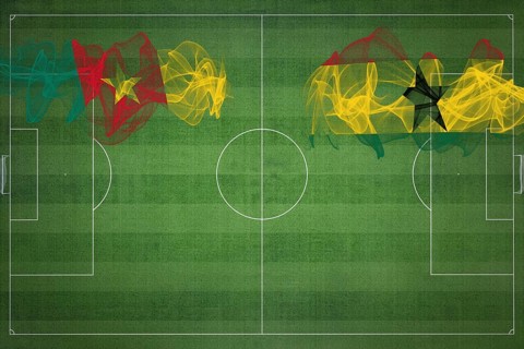 Cameroon vs Ghana Soccer Match, national colors, national flags, soccer field, football game,