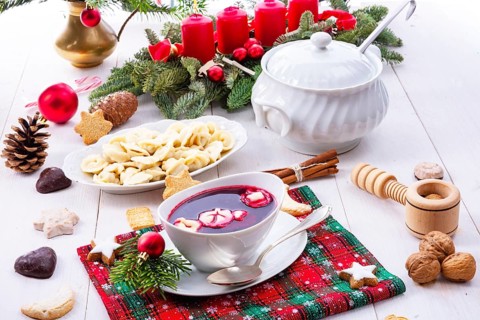 Barszcz (beetroot soup) with small pierogi