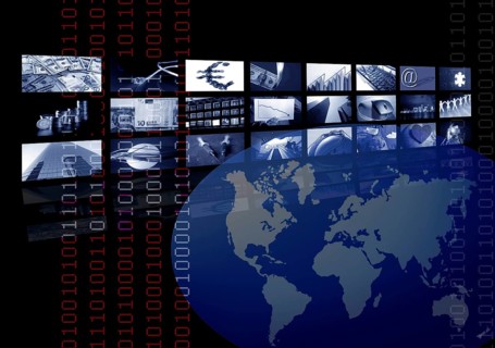Business corporate, world map, multiple screen. Metaphor mixing photo and ilustration in blue color