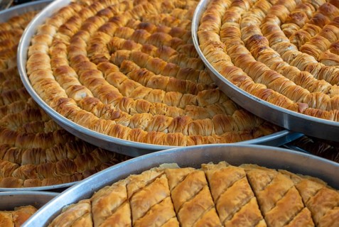 Traditional Turkish dessert Baklava in tray from Istanbul Turkey