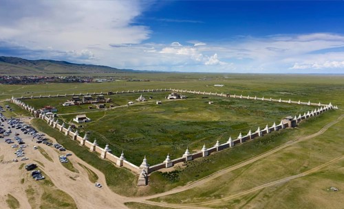 Aerial panorama view of the Kharkhorin Erdene Zuu Monastery in Kharkhorin (Karakorum), Mongolia.