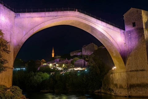Mostar Bridge at night, an Ottoman bridge in Mostar, Bosnia and Herzegovina, Europe