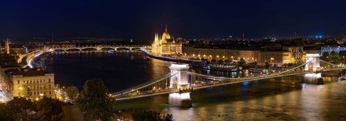Night panorama of Hungarian Parliament Building, Széchenyi Chain Bridge, and River Danube in
