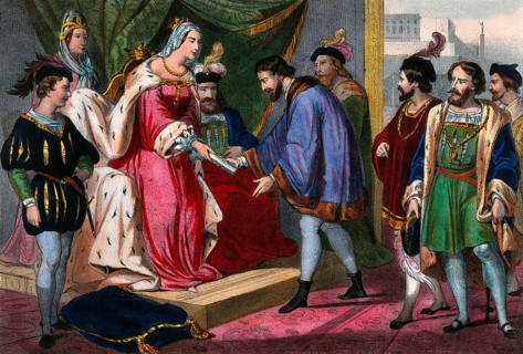 Christopher Columbus standing before King Ferdinand and Queen Isabella on his return to Spain,