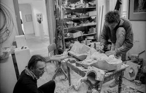 Germany, Berlin, 21.04.1991, Lemonde and Marco in the Oderform workshop, plaster moulds for
