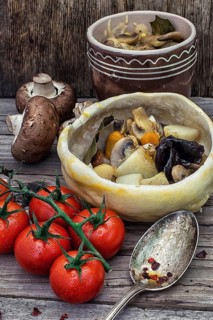 Vegetable hot plate made of baked dough cooked in a rustic style.Photo tinted
