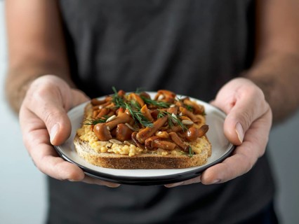 Hands takes plate with vegan sandwich. Healthy appetiezer - whole wheat bread toast with chickpea