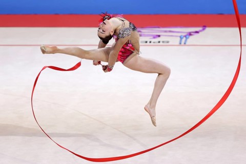 Sofia, Bulgaria - 27 March, 2021:Adi Asya Katz of Israel performs during the individual Ribbon