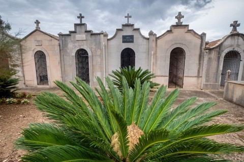 Family pantheons with tile roof, Pina cemetery, Majorca, Balearic Islands, Spain, Europe