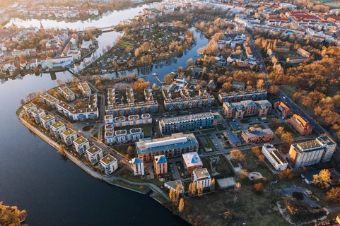 Wideangle aerial sunset drone photo of Kopenick Berlin, Germany Kuresnick and Filmlager Kodak areal