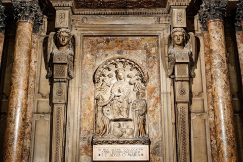 Beautiful statue of the Virgin Mary in the Duomo Cathedral. Italy, Milan.