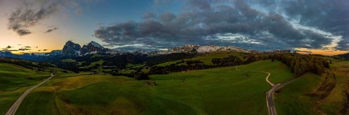 Panoramic view from the Seiser Alm to the Dolomites in Italy, drone shot