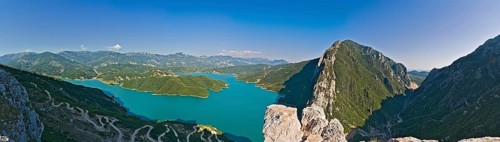 Bovilla reservoir near the capital of Tirana with setting sun in the back