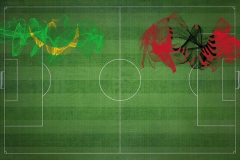 Mauritania vs Albania Soccer Match, national colors, national flags, soccer field, football game,