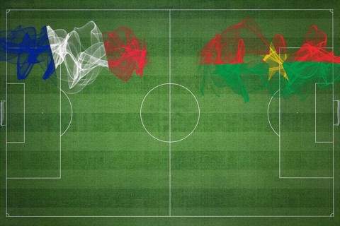 France vs Burkina Faso Soccer Match, national colors, national flags, soccer field, football game,