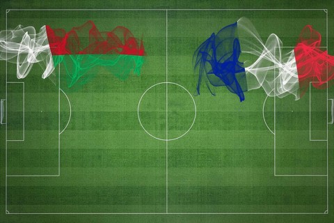 Madagascar vs France Soccer Match, national colors, national flags, soccer field, football game,