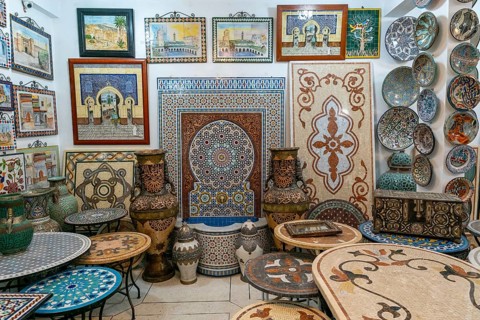 Fez, Morocco, 4 March, 2024: close-up view of traditional pottery and mosaic work in a Moroccan