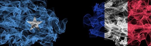 Flags of Somalia and France on Black background, Somalia vs France Smoke Flags