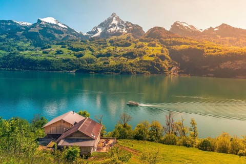 Lovely vacation destination in the Swiss Alps, around the Walensee lake. A spring scenery with