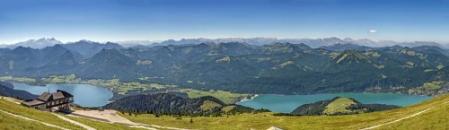 Panoramic view of Alps mountain with Wolfgangsee lake from Schafberg mountain, Austria, Europe