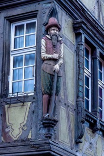 Detail of the famous historic half-timbered building from 1537 Haus Pfister (Maison Pfister) with a