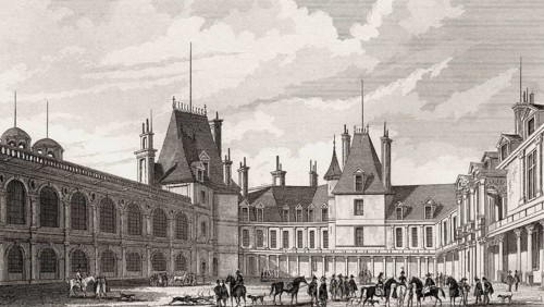 The Oval Courtyard, Château de Fontainebleau, near Paris, antique steel engraved print, 1831