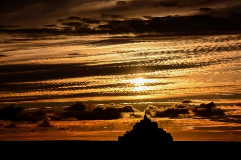 Panoramic view of famous historic Le Mont Saint-Michel tidal island Normandy northern France