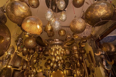Worked brass lamps, souk street, marrakesh, morocco