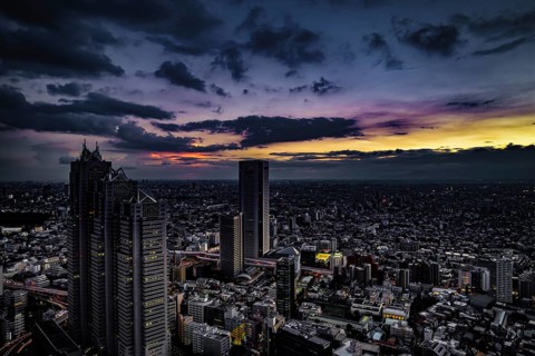 Shinjuku of city landscape and sunset visible from the observatory of the Tokyo Metropolitan