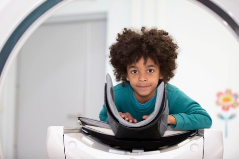 Belarus, city of Gomil, May 31, 2021. A child lies in an MRI machine. A boy in a magnetic resonance