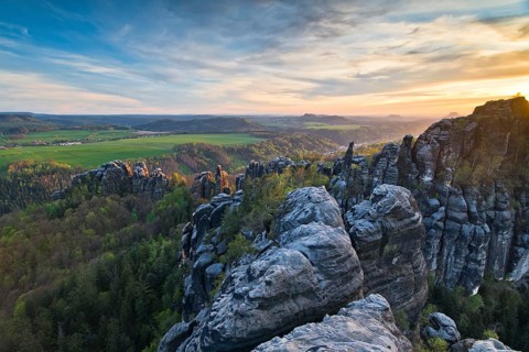 View from the Schrammsteine over the Elbe valley, Saxon Switzerland National Park, Germany, Europe