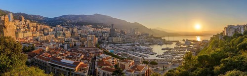 Monaco Ville Harbour sunrise panorama city skyline, Monte Carlo, Monaco, Europe