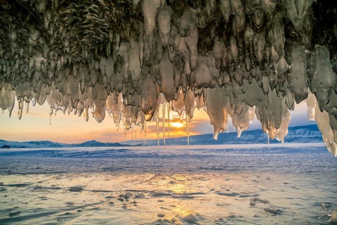 View of sunset at Lake Baikal, Russia in winter